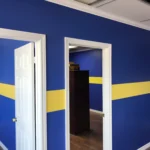 office walls blue color with yellow strips